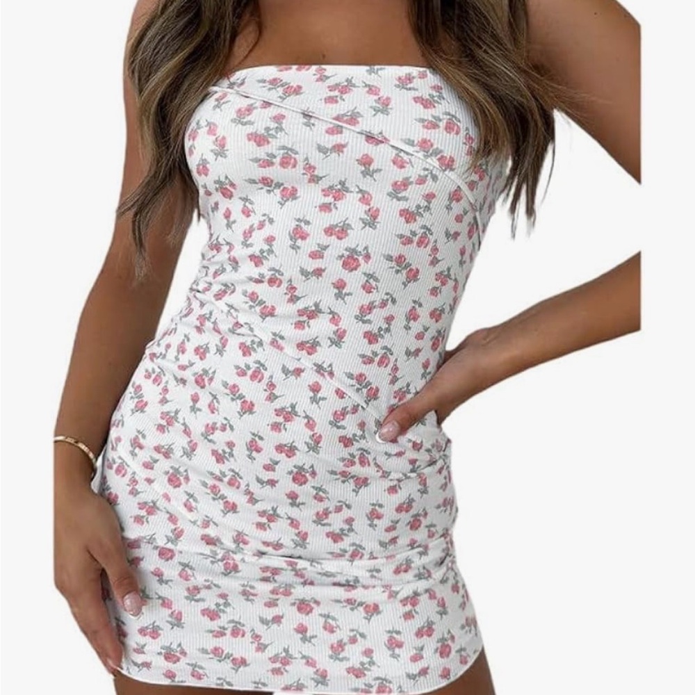 White Fox Boutique Pink Floral Strapless Mini Dress